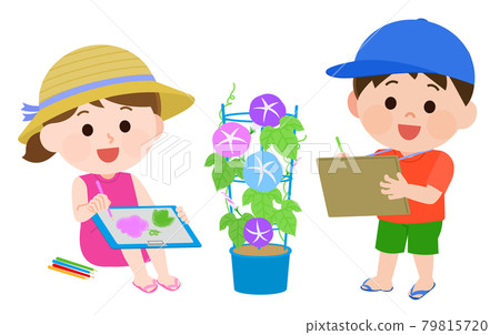 Illustration of a girl and a boy drawing a morning glory picture with colored pencils 79815720