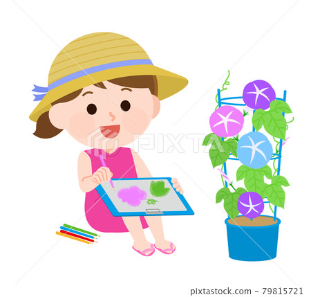 Illustration of a girl drawing a morning glory picture with colored pencils 79815721