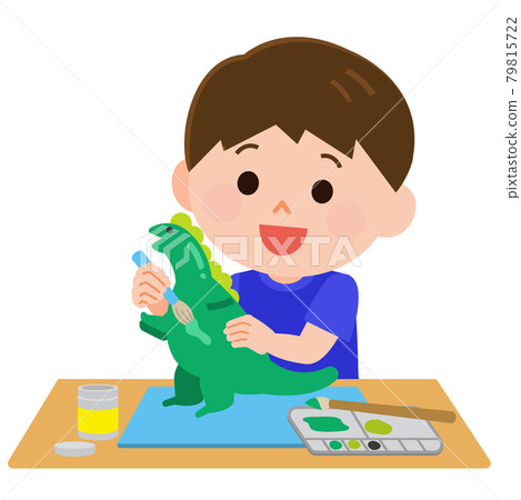 Illustration of a boy painting a clay dinosaur with varnish 79815722