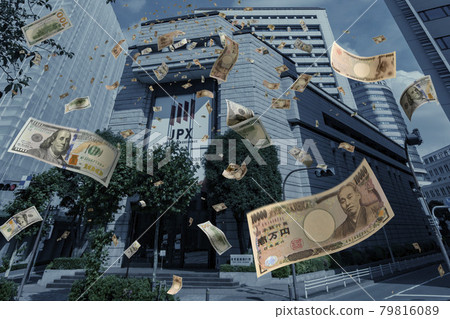 A large amount of cash falling in front of the Tokyo Stock Exchange building A large amount of cash falling in front of the Tokyo Stock Exchange building 79816089