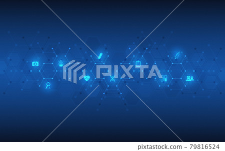 Healthcare and technology concept with flat icons and symbols. Template design for health care business, innovation medicine, pharmaceutical industry, science background, medical research. 79816524