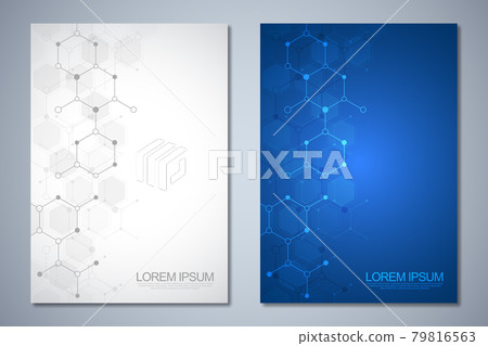 Template brochure or cover book, page layout, flyer design with molecular structures background and chemical engineering. Concept and idea for innovation technology and science. 79816563