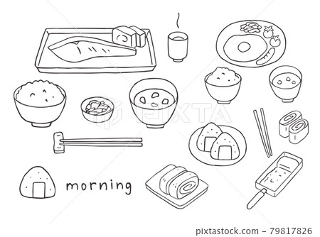 Hand-drawn illustration set of Japanese breakfast (monochrome) 79817826