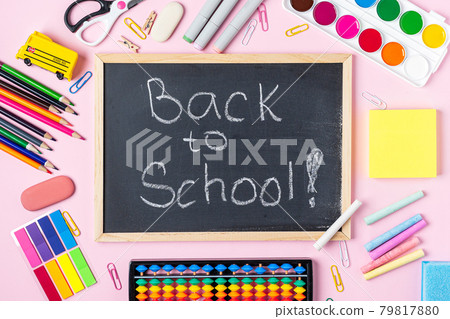 Concept Back To School Color Chalk Pencil Notebook Stationery on pink Blackboard Background. Design Copy Space and mock up Supplies Top View Flat Lay Concept Back To School Color Chalk Pencil Notebook Stationery on pink Blackboard Background. Design Copy Space and mock up Supplies Top View Flat Lay 79817880
