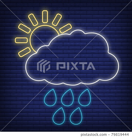 Sun cloud with rain icon glow neon style, concept weather condition outline flat vector illustration, isolated on black. Brick background. Sun cloud with rain icon glow neon style, concept weather condition outline flat vector illustration, isolated on black. Brick background. 79819444