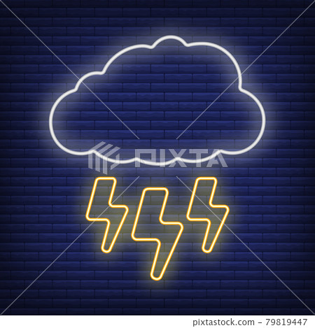 Cloud with lightning thunderstorm icon glow neon style, concept weather condition outline flat vector illustration, isolated on black. 79819447