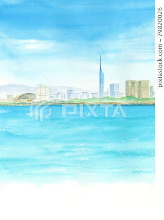 Landscape with a view of Fukuoka Tower Watercolor painting A4 vertical Landscape with a view of Fukuoka Tower Watercolor painting A4 vertical 79820026