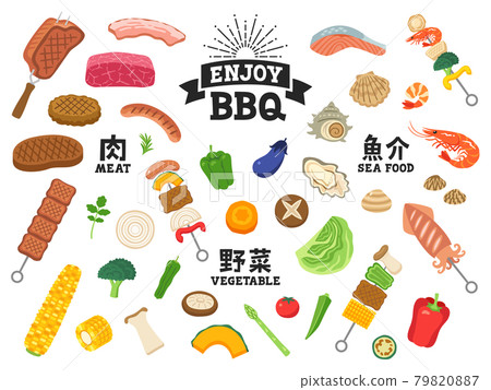 Set of barbecue skewers and ingredients (meat, vegetables, seafood) Set of barbecue skewers and ingredients (meat, vegetables, seafood) 79820887