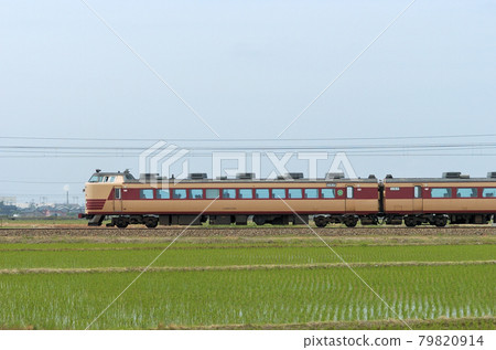 Hokuriku Main Line Mikawa-Kaga-Kasama JR West 485 series A10 formation (Kyoto) ① Kuro 480-2301 mountain side 79820914