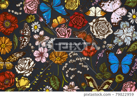 Floral design on dark background with shepherd's purse, heather, iris japonica, sakura, gypsophila 79822959