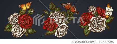 Flower bouquet of colored red lacewing, great orange-tip, plain tiger, roses 79822960