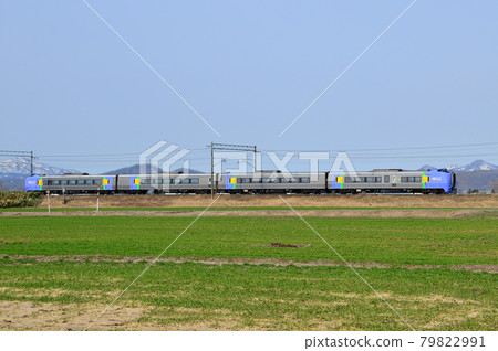 Limited express "Soya" running fast in front of the field that has begun to sprout Limited express "Soya" running fast in front of the field that has begun to sprout 79822991