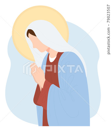 Most Holy Theotokos, Queen of Heaven. Virgin Mary, Mother of God prays meekly. Vector illustration for Christian and Catholic communities, design, decor of religious holidays Most Holy Theotokos, Queen of Heaven. Virgin Mary, Mother of God prays meekly. Vector illustration for Christian and Catholic communities, design, decor of religious holidays 79823507