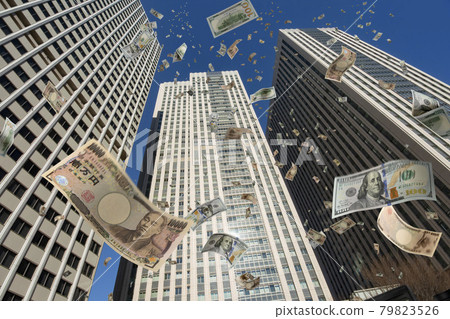 Skyscrapers and a large number of banknotes falling overhead 79823526