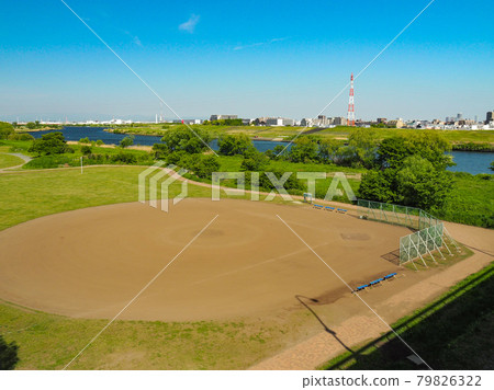 Baseball field on the Arakawa riverbed in Itabashi, Tokyo 79826322
