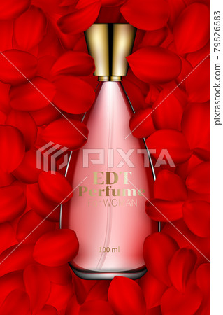 Spray bottle isolated on red rose petals background. Premium ads web site marketing social network blog. Realistic 3d color perfume bottle. For poster template placard flyer cover wallpaper. 79826883
