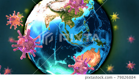 Many virus particles fly around the earth - 3d illustration 79826884