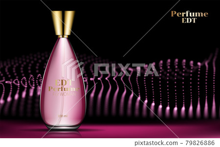 Pink perfume in golden spray clear glass bottle realistic advertisement poster with black pinc background vector illustration. 79826886