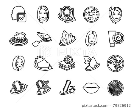 Vector graphic set. Icons, minimal design. Beauty. Attributes of beauty for men and women. Concept illustration for Web site. Sign symbol element. Contour thin and linear design. Vector graphic set. Icons, minimal design. Beauty. Attributes of beauty for men and women. Concept illustration for Web site. Sign symbol element. Contour thin and linear design. 79826912