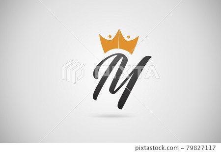 hand written M alphabet letter logo icon. Business company typography with yellow king crown. Royal style 79827117
