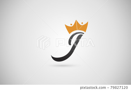 hand written J alphabet letter logo icon. Business company typography with yellow king crown. Royal style 79827120