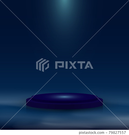 3D realistic blue pedestal with lighting and mist on dark blue background 79827557