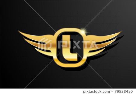 L gold letter logo alphabet for business and company with yellow color. Corporate brading and lettering with golden metal design and wing L gold letter logo alphabet for business and company with yellow color. Corporate brading and lettering with golden metal design and wing 79828450