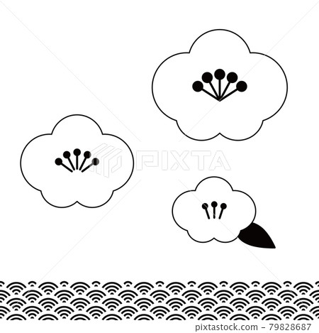 簡單的梅花和日本圖案。矢量圖的白色背景上的黑線。新年賀卡材料。 79828687