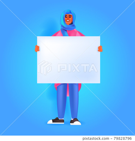 arab woman holding blank banner female cartoon character standing pose arab woman holding blank banner female cartoon character standing pose 79828796