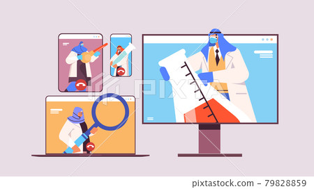arabic researchers discussing during video call arab scientists making chemical experiments molecular engineering 79828859