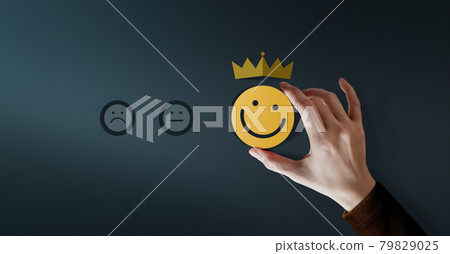 Customer Loyalty Concept. Client Experiences. Happy Customer giving Positive Services Rating for Satisfaction present by Smiling Face and Crown 79829025