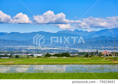Ina City, Nagano Prefecture, overlooking the Southern Alps from a few kilometers before the entrance to the Gonbei Tunnel in mid-July (summer) 79829681