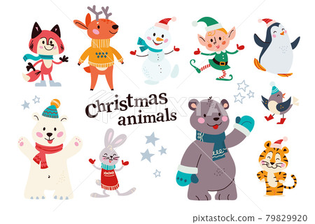 Set of cute winter animals fox, polar bear, penguin in scarfs and hats, snowman, santa elf isolated. Set of cute winter animals fox, polar bear, penguin in scarfs and hats, snowman, santa elf isolated. 79829920