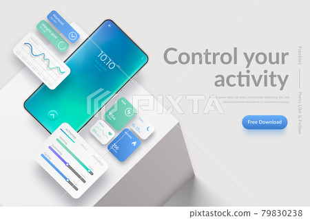 Banner with realistic mobile phone on cube podium and fitness app interface elements. Fitness dashboards with charts, diagrams and web elements of workout application for mobile 79830238