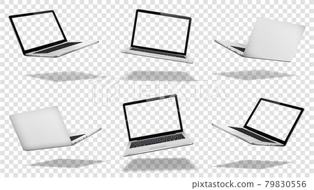 Flying laptop mock up with transparent screen isolated 79830556