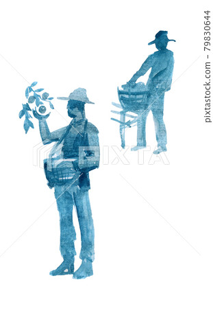 Harvesters. Silhouettes of men harvesting apples in baskets. Harvesters. Silhouettes of men harvesting apples in baskets. 79830644
