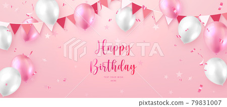 Elegant vibrant pink ballon and party propper ribbon flag Happy Birthday celebration card banner template background 79831007