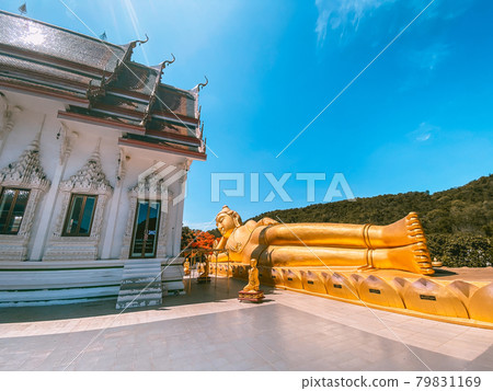 Wat Khao Sung Chaem Fa temple with giant snake and reclining gold buddha, in Kanchanaburi, Thailand Wat Khao Sung Chaem Fa temple with giant snake and reclining gold buddha, in Kanchanaburi, Thailand 79831169