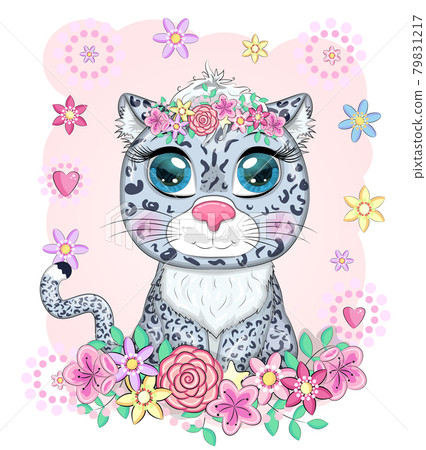 Cartoon snow leopard with expressive eyes. Wild animals, character, childish cute style. Cartoon snow leopard with expressive eyes. Wild animals, character, childish cute style. 79831217