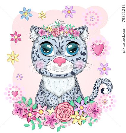 Cartoon snow leopard with expressive eyes. Wild animals, character, childish cute style. Cartoon snow leopard with expressive eyes. Wild animals, character, childish cute style. 79831218