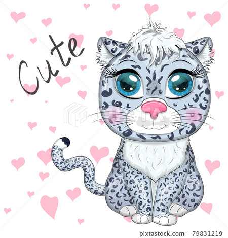 Cartoon snow leopard with expressive eyes. Wild animals, character, childish cute style. 79831219
