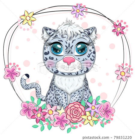 Cartoon snow leopard with expressive eyes. Wild animals, character, childish cute style. Cartoon snow leopard with expressive eyes. Wild animals, character, childish cute style. 79831220