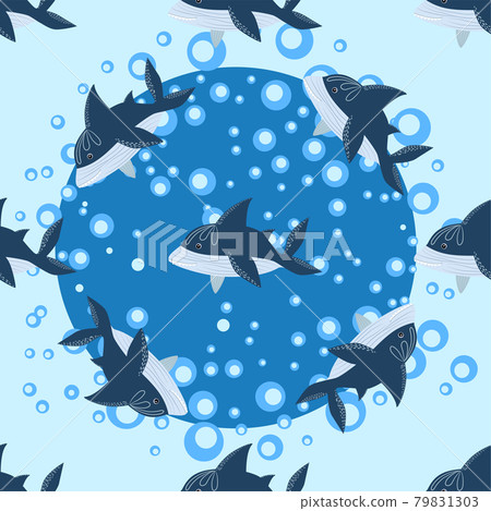 Shark in Scandinavian style surrounded by fish, starfish, seaweed, seashells, hand drawn Shark in Scandinavian style surrounded by fish, starfish, seaweed, seashells, hand drawn 79831303