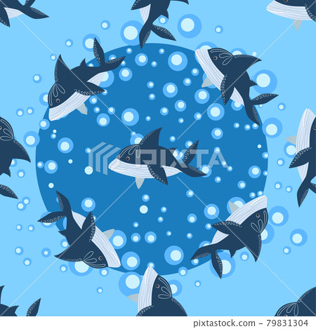 Shark in Scandinavian style surrounded by fish, starfish, seaweed, seashells, hand drawn Shark in Scandinavian style surrounded by fish, starfish, seaweed, seashells, hand drawn 79831304