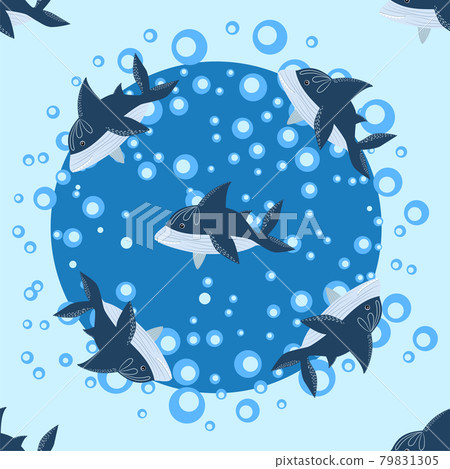 Shark in Scandinavian style surrounded by fish, starfish, seaweed, seashells, hand drawn Shark in Scandinavian style surrounded by fish, starfish, seaweed, seashells, hand drawn 79831305