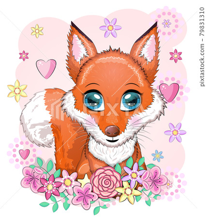 Cute Cartoon Fox with flowers on a white background 79831310