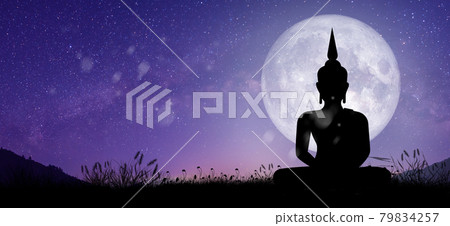 Silhouette of Buddha mediating with Full moon light at night. Magha Puja, Asanha Puja, and Visakha Puja Day. Buddhist holiday Concept. 79834257