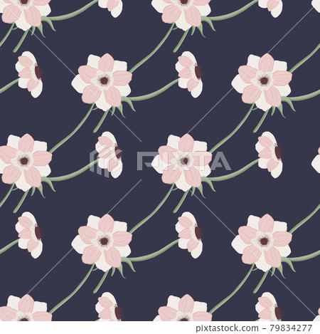 Pink colored anemone flowers seamless doodle pattern. Dark navy blue background. Vintage artwork. 79834277