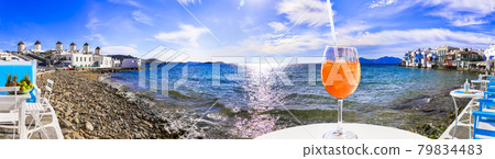 holidays in Greece, Mykonos island. "little Venice" bars 79834483