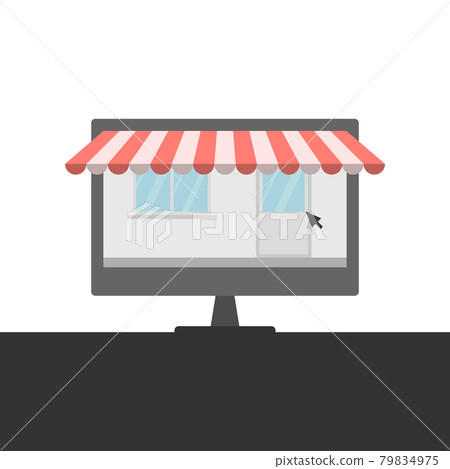 E-commerce, online shopping concept. Computer screen with Striped awning shop front. E-commerce, online shopping concept. Computer screen with Striped awning shop front. 79834975